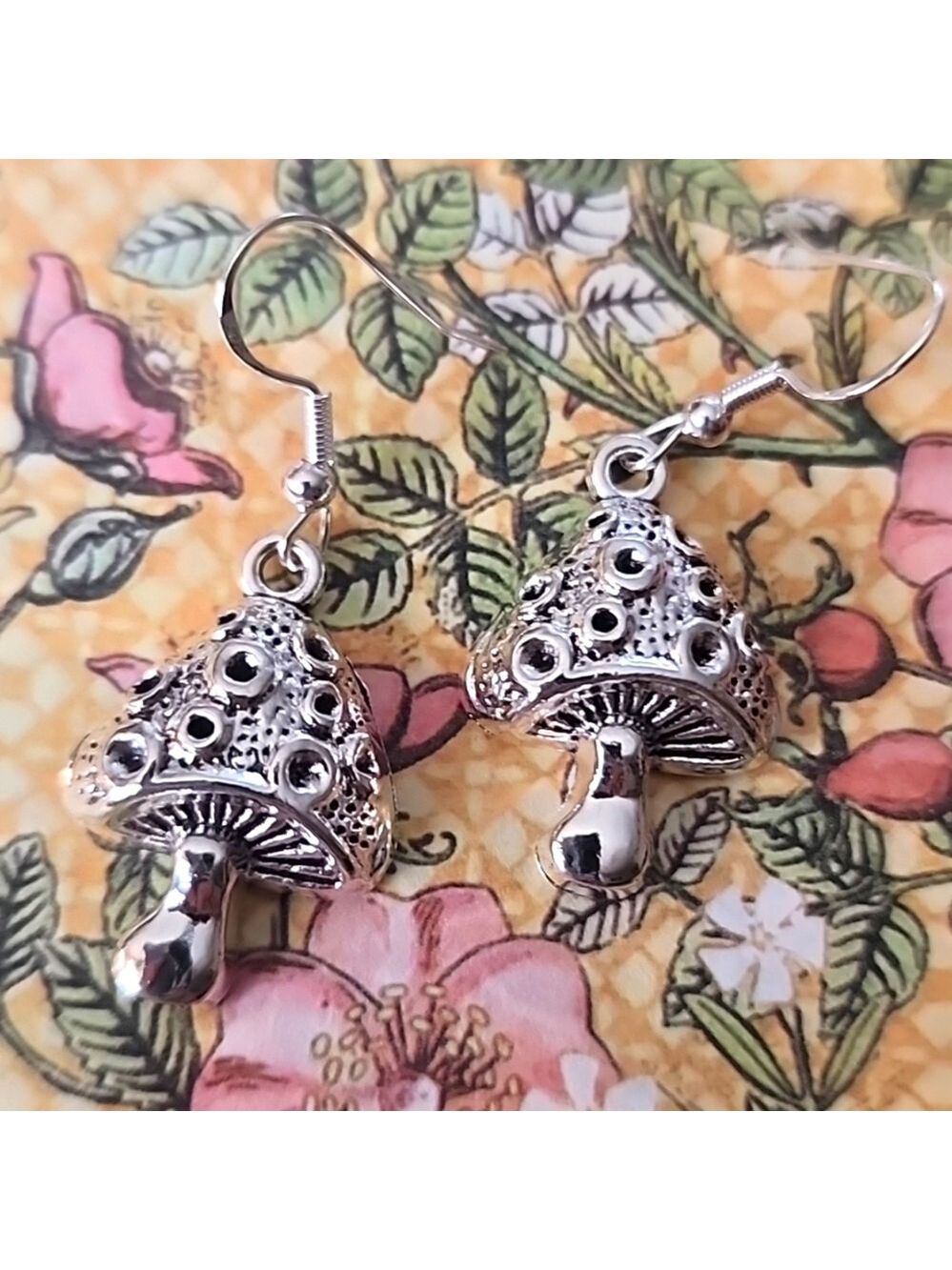 Fairy Garden Mushroom,Lattice Silver,  Earrings,